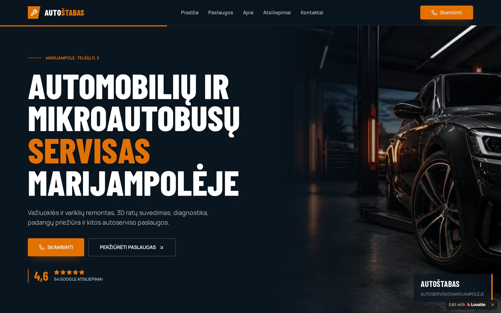 AutoŠtabas autoserviso svetainės pagrindinis puslapis