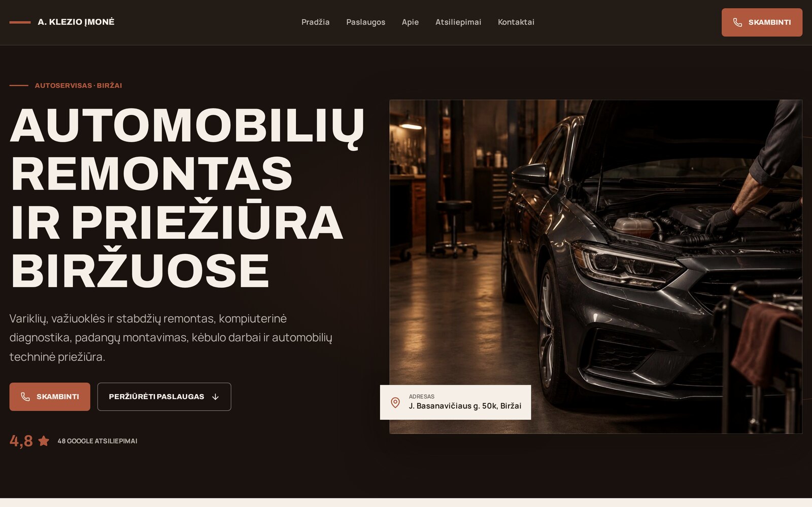 A. Klezio įmonės autoserviso svetainės pagrindinis puslapis