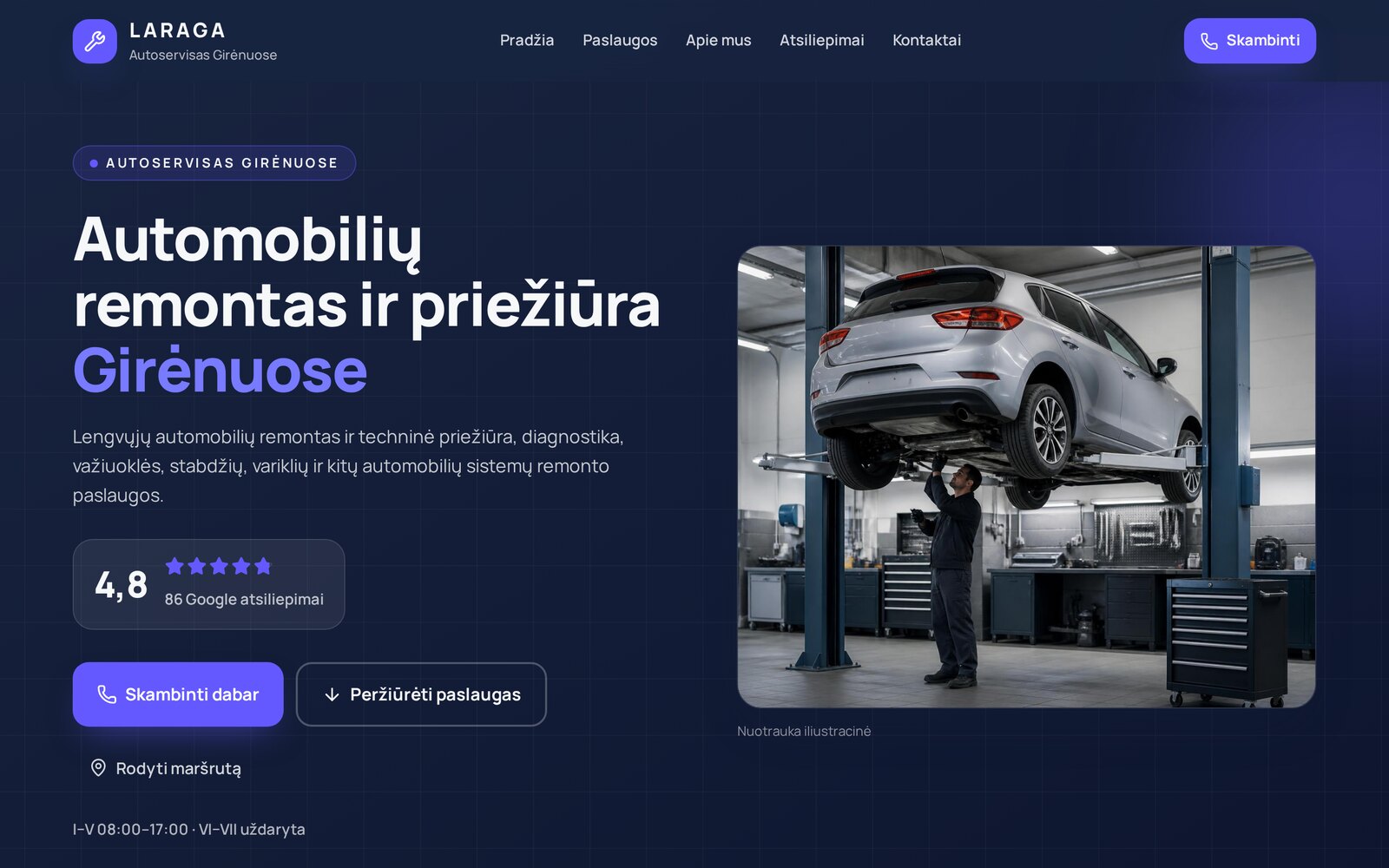 Laraga autoserviso svetainės pagrindinis puslapis